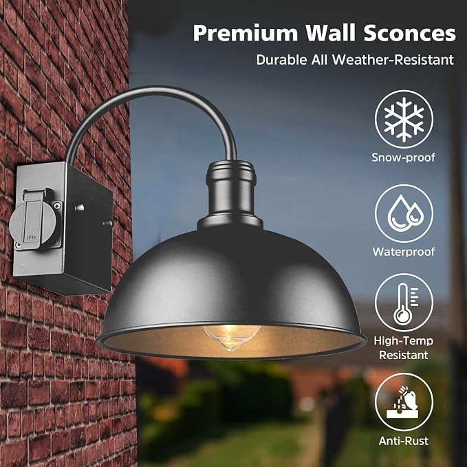 Bdrofn 2-Pack Outdoor Wall Sconces, Exterior Farmhouse Gooseneck Barn Light, Vintage Matte Black Outside Wall Lighting Fixture, Anti-Rust Waterproof Outdoor Light for House Porch Garage Entryway