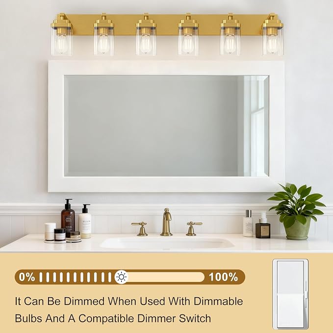 Brushed Gold Bathroom Light Fixtures, 6 Lights Bathroom Lighting Fixtures Over Mirror, Square Design & Rectangle Large Backplate, Modern Vanity Lighting Fixtures, for Living Room/Bedroom