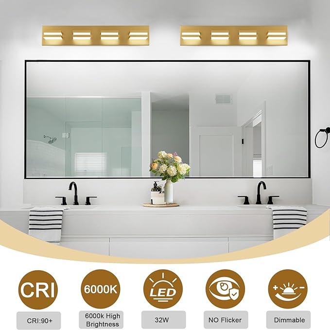 IZORRO LED Modern Bathroom Lights Fixtures(4-Light,Dimmable),Gold Acrylic Wall Lighting,Vanity Lights for Bathroom Over Mirror - 6000k 24In （No Assembly Required）