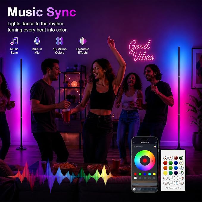 sylvwin Corner Floor Lamp,Smart Ambient Light for Gaming Room | Remote & App Control,16 Million Colors & 100+ Scene Modes, Music Sync ,RGB Color Changing Floor Lamp for Living Room
