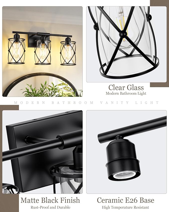 3-Light Black Bathroom Light Fixture, 21 Inch Modern Farmhouse Vanity Lighting Fixtures Over Mirror with Glass and Metal Cage, Wall Sconce Lights for Bath, Rust-Resistant, E26, CH9176BK-3W