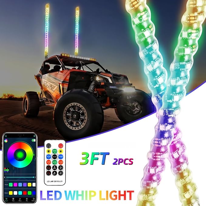 S7 2 Pack 3FT Whip Lights, LED Whip Light with App & Remote Control, Spiral RGB Chasing Lighted Antenna Whips,Whip Light for UTV ATV RZR SXS Can-Am Dune Buggy Offroad Truck (3ft)