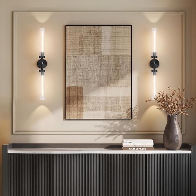 2Pc 30" Knurled Black 2 Light Wall Sconces, Long Modern Hardwired Bathroom Vanity Light, Frosted Glass Tube Linear Modern Wall Light Fixtures, for Mirror, Bedroom, Living Room, Hallway