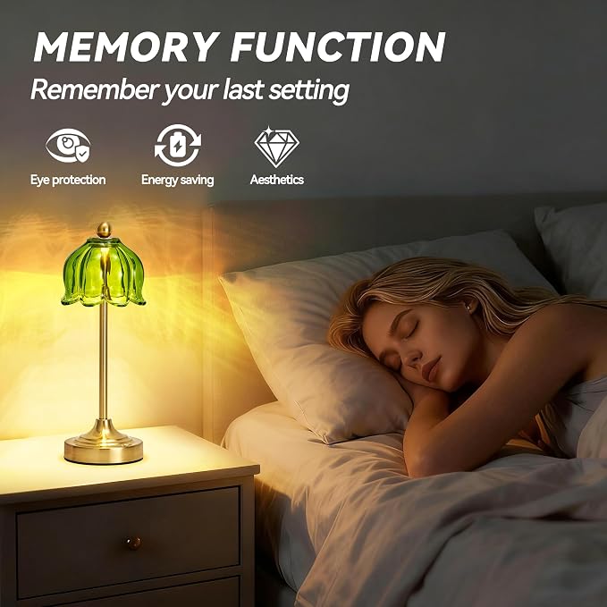 Small Tulip Cordless Table Lamp, LED Touch Accent Lamp with Amber Glass Shade, Dimmable Vintage Table Lamps for Bedroom, Kitchen, Nightstand, Restaurant