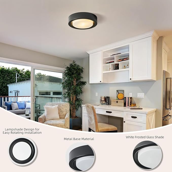 Black Flush Mount Ceiling Light,13 Inch Matte Black Ceiling Lighting Fixture,2-Light Modern Round Metal Lamp with White Frosted Glass Shade for Hallway Bedroom Closet Outdoor