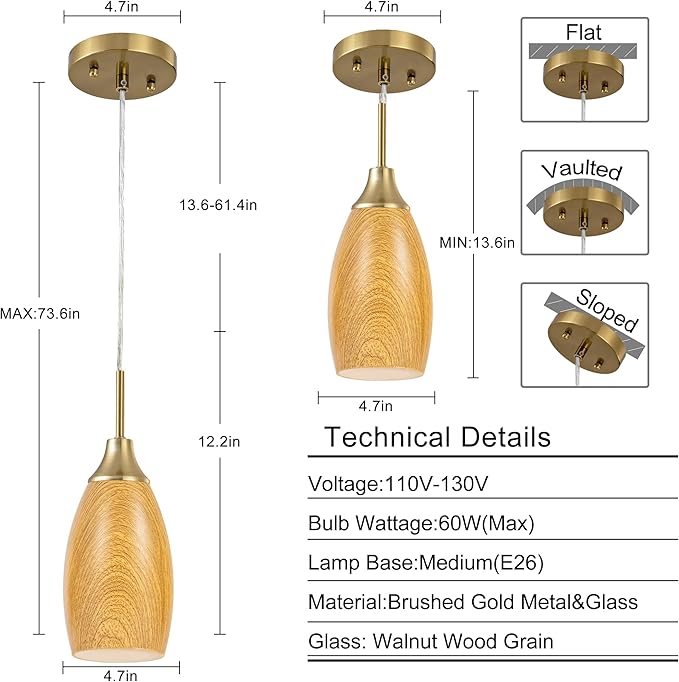 Viinew Mini Glass Pendant Light,3-Pack Walnut Wood Grain Pendant Light | Walnut Wood with Handblown Art Glass Ceiling Light,4.72" Oval Chandelier for Kitchen Island Cafe Hallway