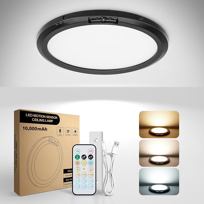 10000mAh Rechargeable Ceiling Light Black Waterproof Shower Lights | Wireless Motion Sensor Light Indoor 3000K/4000K/6000K Dimmable, Magnetic LED Lights with Remote No Wiring for Closet Bathroom
