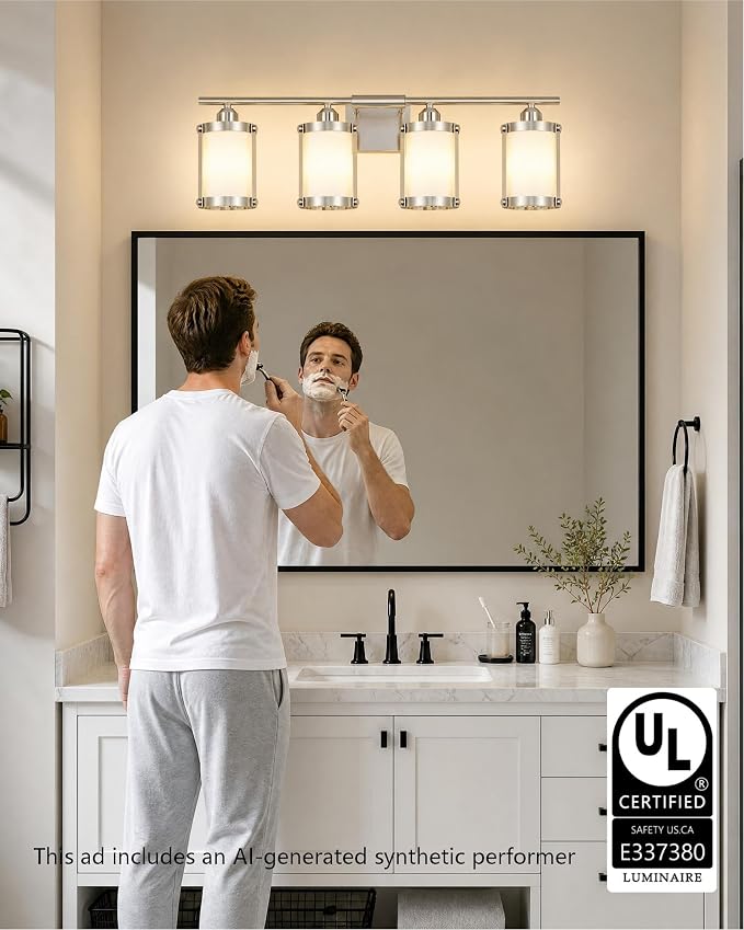 4-Light Brushed Nickel Bathroom Light Fixtures with Milk White Frosted Glass, 29" UL-Listed Modern Wall Sconce Over Mirror with Metal Cage for Bath, Hardwire E26, OS-3014BNW-4W