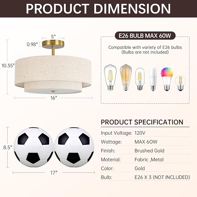 16" Semi Flush Mount Ceiling Light, 3-Light Gold Drum Ceiling Light Fixture | 2-Tier Fabric Linen Shade Design, Farmhouse Chandelier for Dining Room, Living Room, Bedroom, Kitchen, Hallway, Entryway