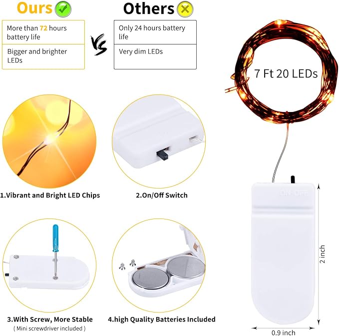 Brightown Halloween Orange Fairy String Lights: 12 Pack 7 Ft 20 LED Battery Operated Firefly Lights on Black Wire Starry Moon Lights for DIY Party Bedroom Patio