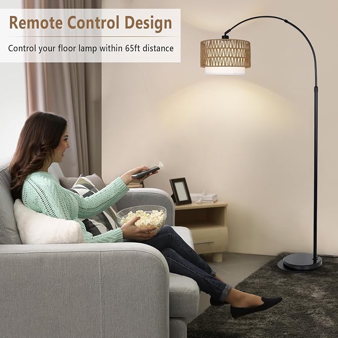 eyassi Arc Floor Lamp with Remote, Modern LED Floor Lamp with Dimmable Bulb, Boho Farmhouse Standing lamp with Fabric & Rattan Lampshades, Height Adjustable Black Tall Lamp for Living Room Bedroom