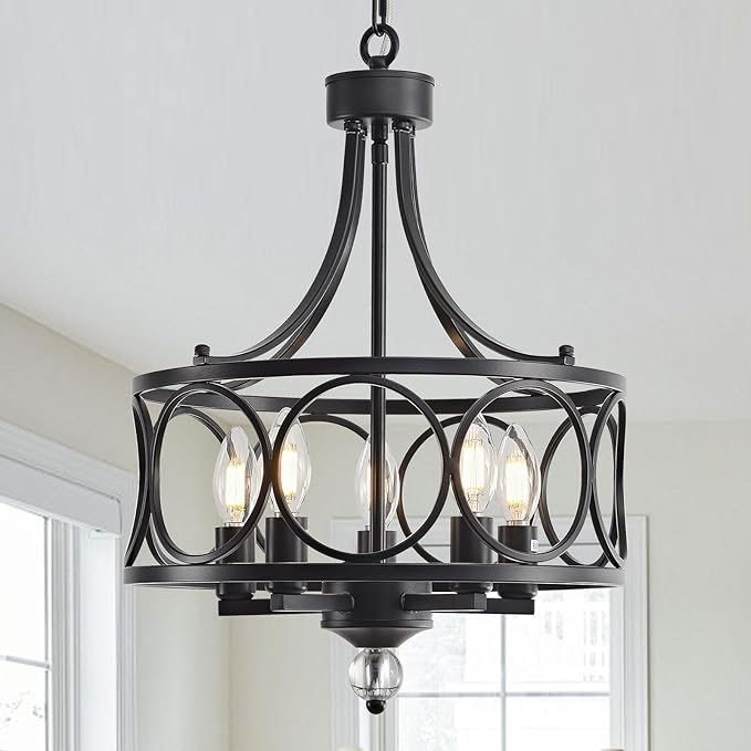 5-Light Black Chandelier,14.2in Farmhouse Lantern Pendant Light Fixture,Adjustable Hanging Ceiling Lighting with E12 Socket,for Kitchen Island,Bedroom,Entryway,Dining Room