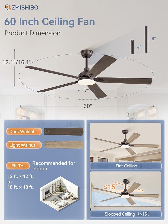 ZMISHIBO 60" Ceiling Fan with Light and Remote, Oil Bronze Farmhouse Indoor | Large Size, 3CCT, Downrod Mount, Rustic Dual Finish Blades, Quiet&Strong Motor, Memory Function for Bedroom, Living Room