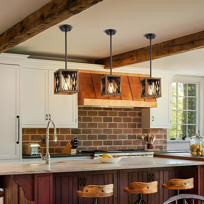 KEESFU Farmhouse Pendant Light, 1 Light Metal Cage Hanging Light with Wooden Grain Finish,Height Adjustable Kitchen Island Lighting,Pendant Lighting for Kitchen Island Hallway Foyer.2 Pack.