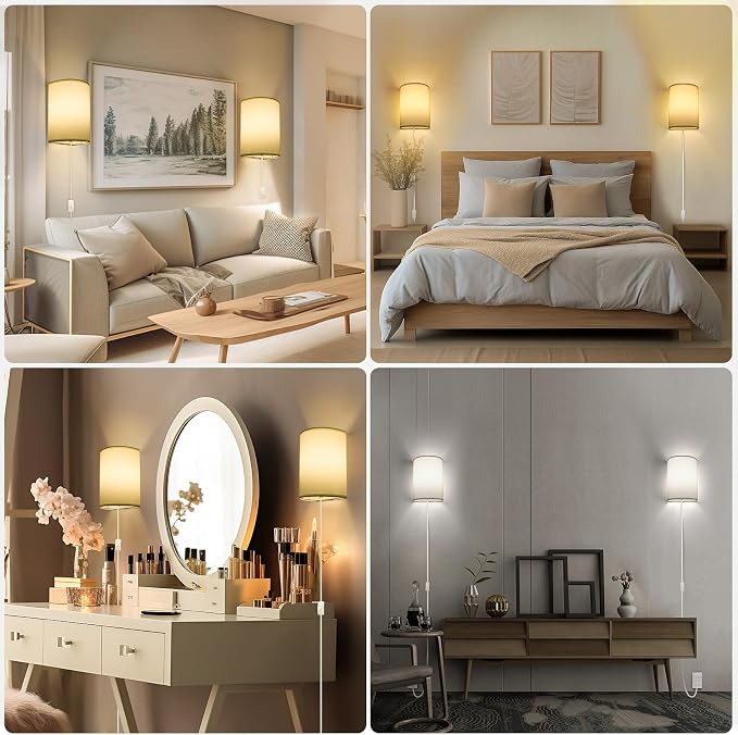 Plug in Wall Sconce, Industrial Wall Lamp with Plug in Cord | 3 Color Set of Two, Rustic Fixture, On/Off Switch Vintage Wall Light Fixture for Headboard Bedroom Porch (white)