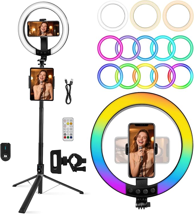 10" Ring Light with Stand 74'' Tall & Phone Holder,RGB Full Color Modes Selfie Light with Extendable Tripod Stand,iPad Holder, Remote for iPhone & Android,YouTube, Makeup,TIKTok, Vlogging