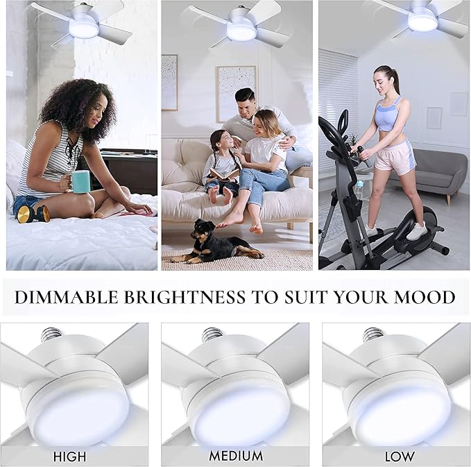 Bell+Howell Socket Breeze Modern Ceiling Fans with LED Lights, 10" LED E26 Screw Base Mini Light Socket Fan for Bedroom, Living Room, Kitchen, Balcony