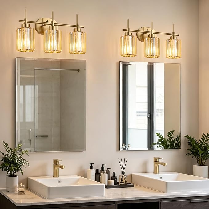 Modern Crystal Bathroom Light Fixtures Over Mirror, 3-Light Brushed Gold Bathroom Vanity Light with Amber Glass Shades, Modern Vanity Lights for Bathroom, E26 Base, Bulbs Not Included