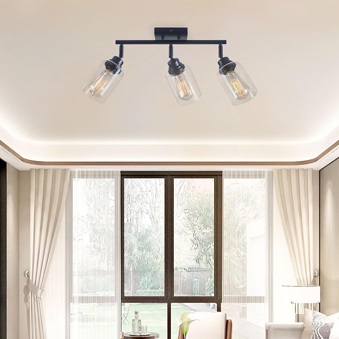 3-Light Matte Black Track Lighting Ceiling Mount for Kitchen | 350° adjustable track heads with clear glass shades, E26 ceiling mount for kitchen, bathroom and vanity lighting