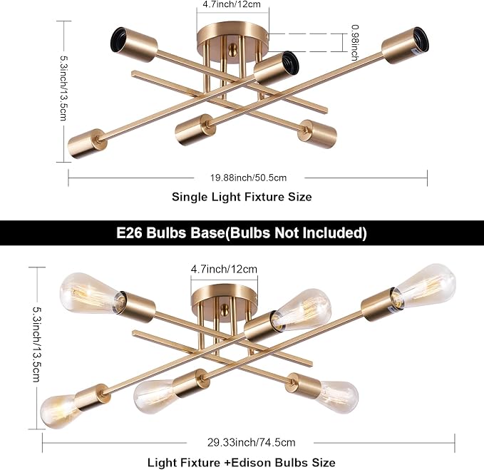 Sputnik Chandeliers, Modern Semi Flush Mount Ceiling Light with E26 Base, Mid Century Industrial Kitchen Farmhouse Light Fixtures for Bedroom Living Room (Brass, Ceiling 6 Lights (Lengthen))