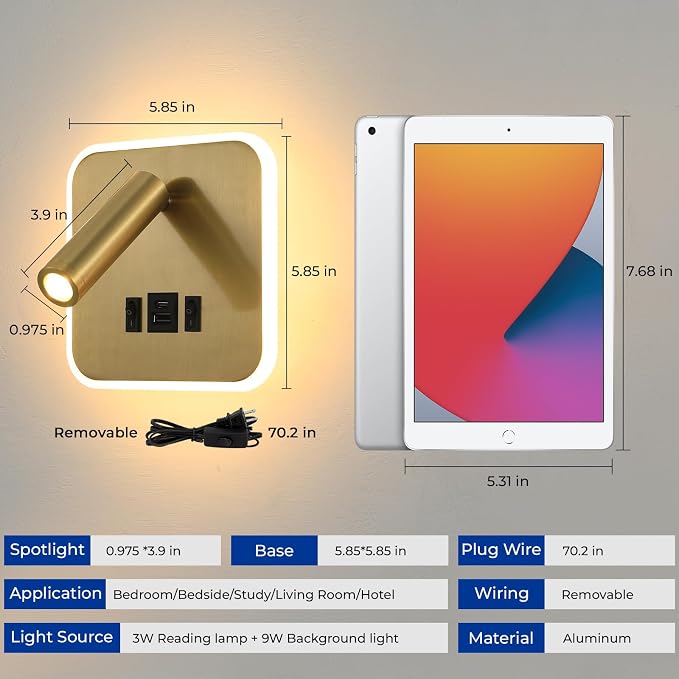 LED Wall Lamp With Wall Mounted Reading Lights,Modern Wall Sconce Plug in for Bedroom or Living Room With Charging Station USB C+A Ports,Headboard Bedside Lamps With 3W+9W Night Light 3000K