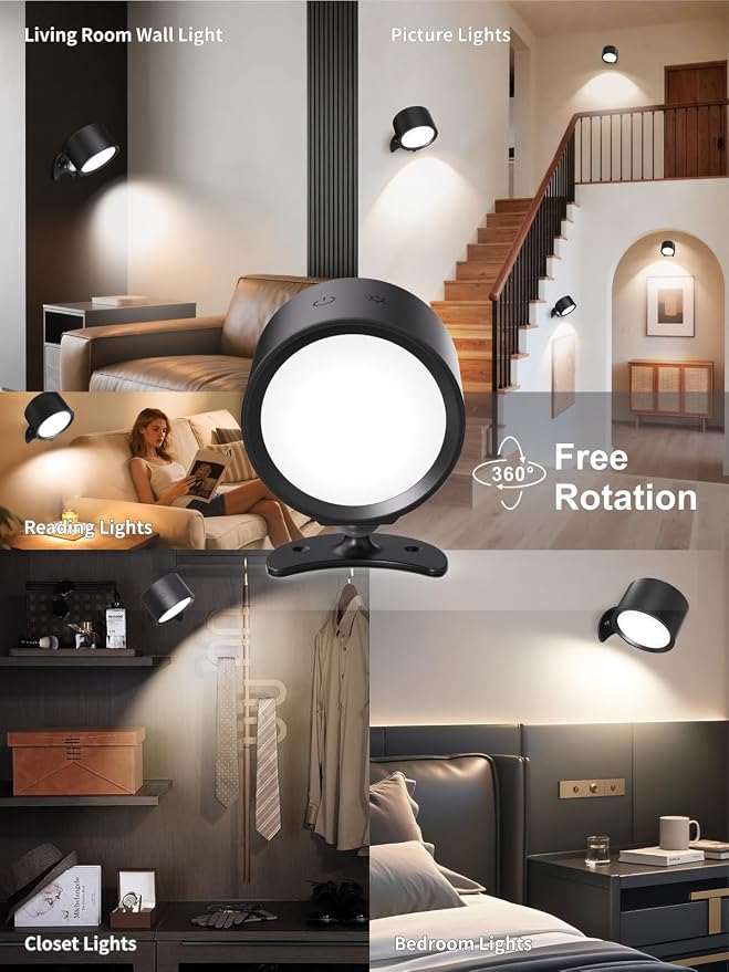 LANMEL LED Wall Mounted Lights,360° Rotating Rechargeable Wall Sconce Lamp | Black 2pack,3CCT,Dimmable,with Remote & Touch Control,USB Wireless Wall Lamp, Suitable for Study,Bedroom,and Bedside Reading