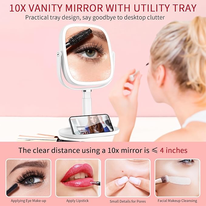 Lighted Makeup Mirror, 2600mAh Rechargeable 1x/10x Magnifying Vanity Mirror, 8.5" Height Adjustable Makeup Mirror with Lights 3 Color, 360° Rotation 2-Sided Light up Large Desk Mirror, Gifts for Women