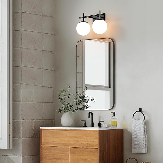 Black Bathroom Light Fixture Over Mirror, 2-Lights Vanity Lights with Milky White Frosted Glass Shade Mid Century Farmhouse Light Fixtures for Bathroom Above Mirror (Exclude E26 Bulb)