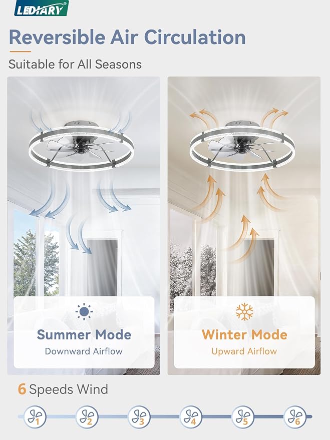 LEDIARY 24'' Modern Low Profile Ceiling Fans with Lights and Remote, Gray | 3000-6000K Dimmable LED, 6 Wind Speeds, Quiet Reversible DC Motor, Small Flush Mount Fandelier for Bedroom, Living Room