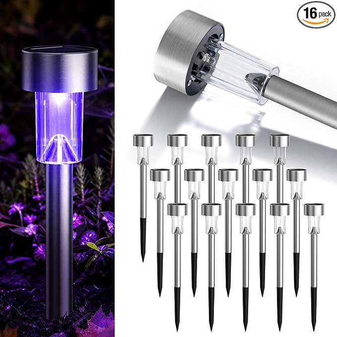 GIGALUMI 16 Pack Purple Solar Halloween Lights,Outdoor Halloween Decoration | Halloween Solar Lights Outdoor Waterproof, Halloween Decor for Yard,Garden,Pathway,Patio,Walkway,Party,Stainless Steel LED