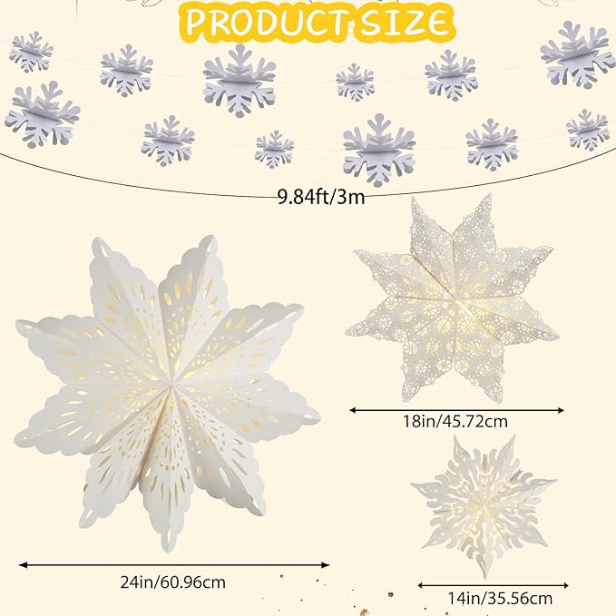3Pcs Christmas Paper Snowflake Lanterns, Large Christmas Paper Star Lanterns with Lights & Banner White Hanging Snowflake Lamps for Xmas Winter Frozen Weddings Birthday Holiday Party Decorations