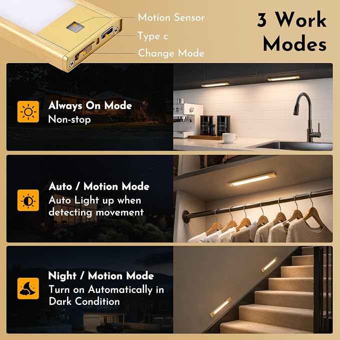 V4light Motion Sensor Cabinet Light, Rechargeable, Dimmable, 4Pcs, 9in | Gold aluminum, magnetic wireless, 1800mAh, 3 color temps & dimmable, ideal for kitchen, closet, shelf & stair