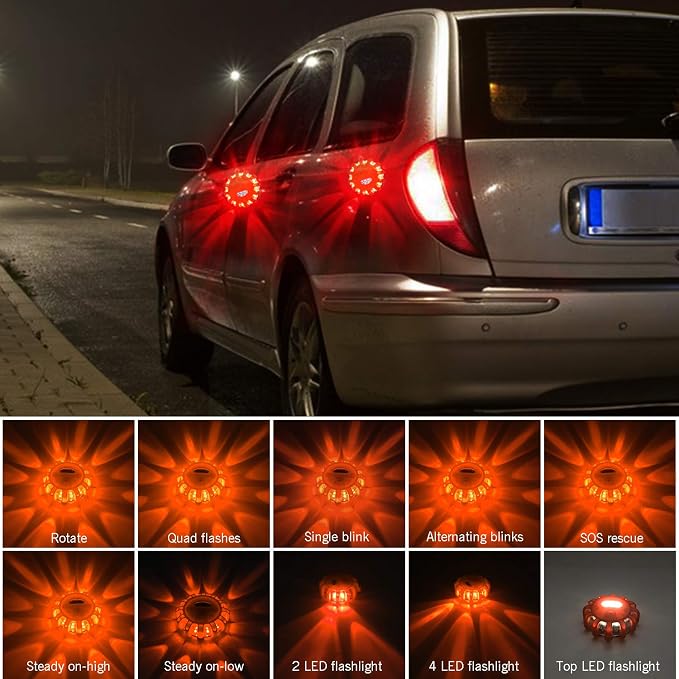 AK [6 Pack LED Road Flares Safety Flashing Warning Light Roadside Emergency Disc Beacon Kit for Vehicles Boats with Magnetic Base & Hook, Premium Storage Bag (Batteries Not Included) (6)
