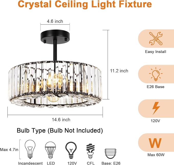 FRIDEKO HOME Semi Flush Mount Ceiling Light - Small Crystal Chandelier Hallway Black Metal Cage Modern Light Fixture for Entryway Bedroom Porch Kitchen (9-Black-4 Light-1pcs-14.56 inch)