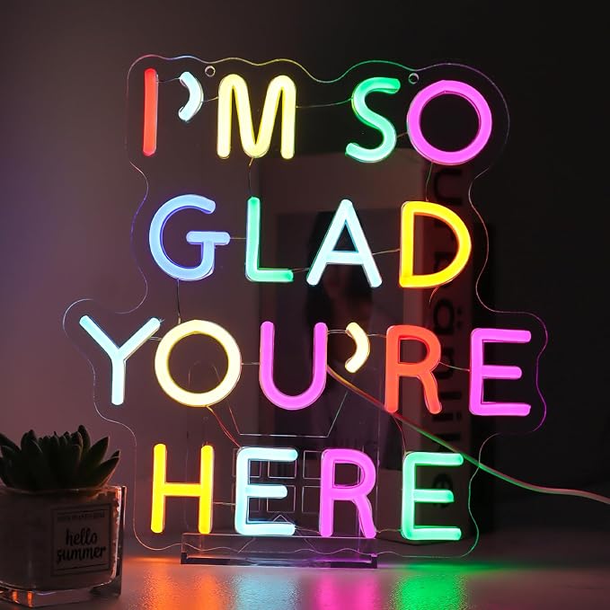 I’m So Glad You’re Here Neon Sign for Teachers – Dimmable Multicolor Letter LED Light with Wired Controller, Rainbow Glow Classroom Decor, 12.2×11.8 in, Includes 4 Wall Anchors & 2m USB Cable