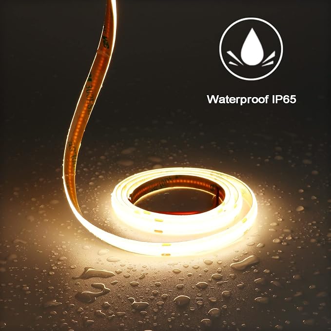 TOPAI 12V COB LED Strip 3000K Warm White 16.4ft Dotless IP65 Waterproof | High Density 480LEDs/M, CRI>90 4000Lm, Cuttable, Flexible, Self Adhesive Easy Install for Bedroom, Cabinet