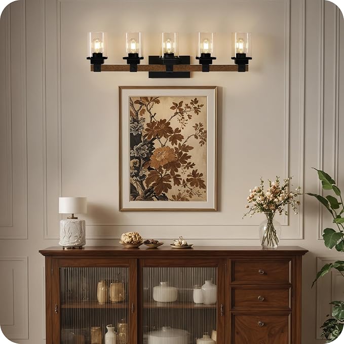 5-Light Bathroom Light Fixtures, Farmhouse Vanity Lights for Bathroom with Glass Square Shade, Rustic Vanity Lights, Sconce Wall Light, E26 Base (Bulbs Not Included), ETL Listed FS10BD05
