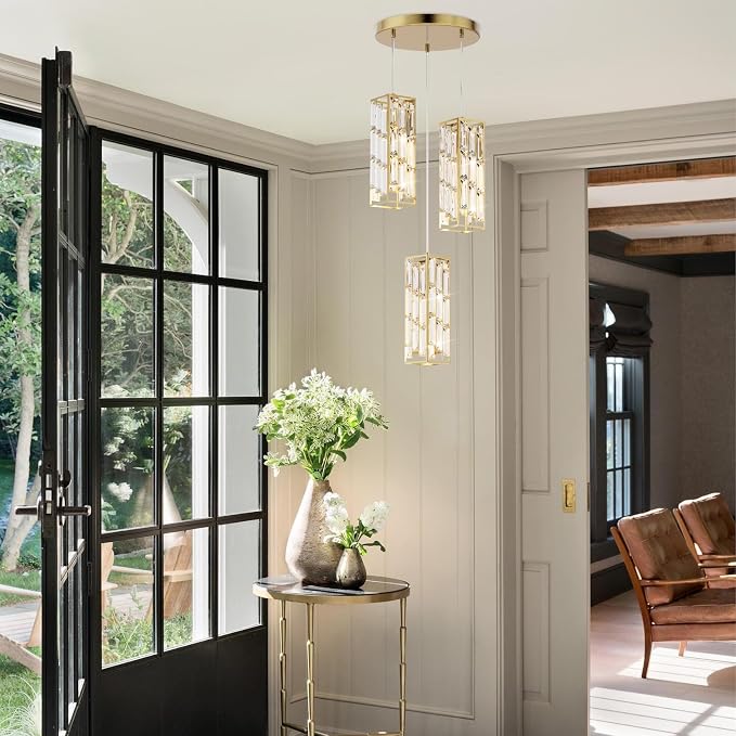 Modern 3-Light Crystal Pendant Light Fixture Kitchen Island, Brass | Mini Crystal Chandeliers, Height Adjustable Cord, Ceiling Hanging Lighting for Kitchen Island Dining Room Bedroom