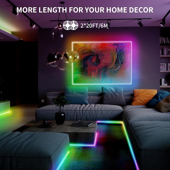 40ft COB RGB+IC LED Strip Lights, Bright Dream Color（2 Rolls） | COB LED Light Strip with RF Remote App Control Music Sync Color Changing for Game Room Bedroom Kitchen Lighting Home Decor