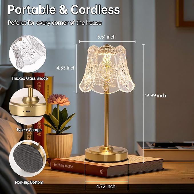 Shenmoyl Cordless Touch Table Lamp with 5200mAh Battery - 3 Adjustable Color Temperatures & Dimmable, Rechargeable Desk Lamp for Bedroom, Living Room, Office, Entryway, Bookshelves (Transparent Rose)