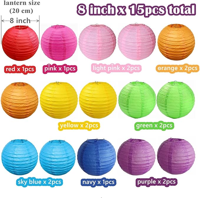 15pcs Colorful Paper Lanterns Multicolor Hanging Ball Lanterns for Birthday Wedding Bridal Baby Shower Home Office Classroom Outdoor Indoor Party Decoration (8 inch)