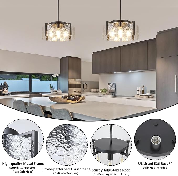 Black Chandelier for Dining Room Light Fixture, 4 Light Glass Entryway Light Fixture, Adjustable Pendant Lights Kitchen Island Modern Farmhouse Kitchen Foyer Chandelier for Entryway, Bedroom, Bathroom