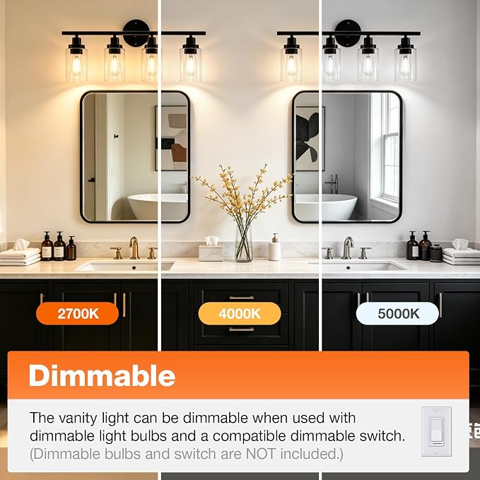 LEDVANCE Sylvania 23" Modern Bathroom Light Fixture with 4 Clear Glass Shades, Iron with Black Finish, E26 Medium Base, Vanity Lights for Bathrooms, Foyers, Entryways - 1 Pack (67905)