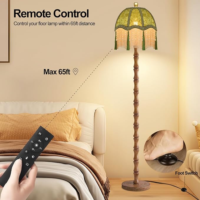 ZECOXOL Wood Floor Lamps for Living Room Boho Rustic Floor Lamp with Remote Control,Dimmable Vintage Floor Lamp Green Mid Century Modern Standing Lamp Pole Tall Fringe Floor Lamp for Bedroom Corner