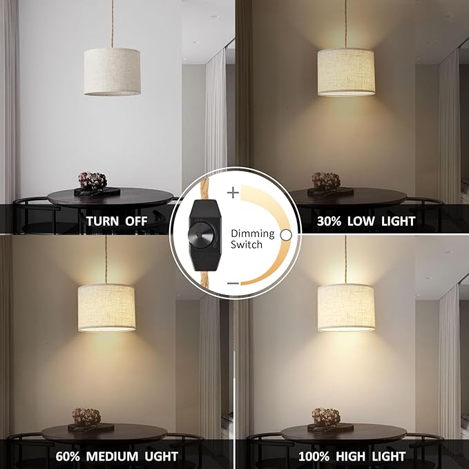 Plug in Pendant Light, Hanging Light with Plug in Cord with Dimmable Switch, Hanging Lamp with 15ft Hemp Rope, Beige Linen Shade, Fixture for Bedroom, Living Room 2 Pack