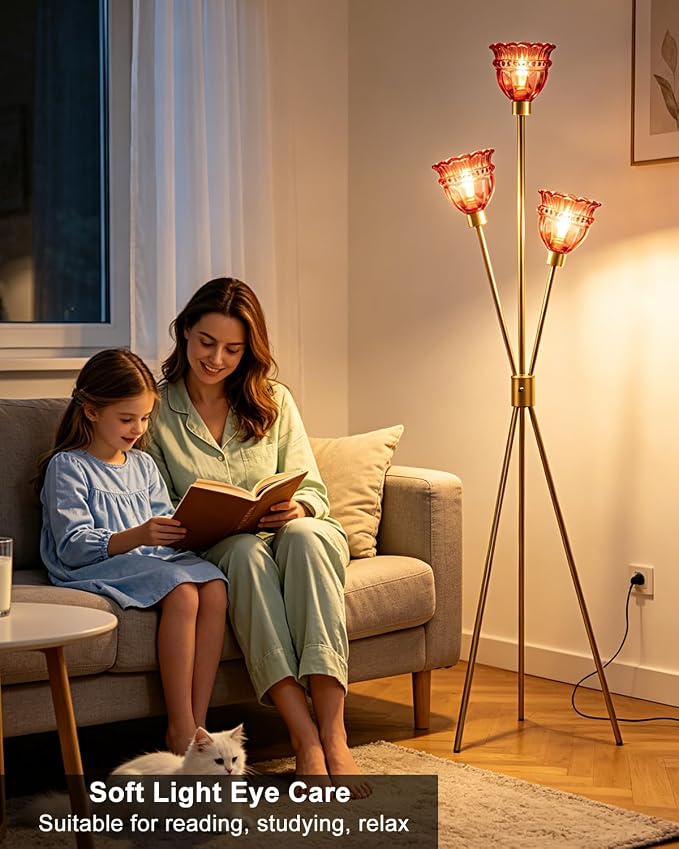 Lightdot 3-Lights Glass Tripod Floor Lamp Gold Dimmable Floor Lamps with 3000K Warm White Bulbs for Wedding Party 62IN Tall Standing Lamp with Deep Red Glass Shade for Living Room/Bedroom/Home Decor
