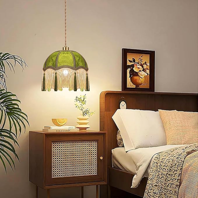QIYIZM Plug in Pendant Light Boho Hanging Lights with Plug in Cord Fringe Green Hanging Lamp Gold Mid Century Modern Vintage Dimmable Tassel Flower Retro Plug in Chandelier Ceiling Fixture Victorian