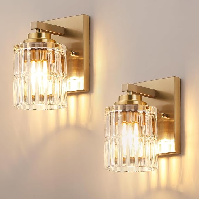 TALOYA Brushed Gold 2 Pack Wall Sconces with Fluted Cylinder Glass Shade | Modern Vanity Lighting Fixtures, Bathroom Lights Over Mirror, Wall Mount Mirror Light Fixtures for Bathroom Hallway Bedroom