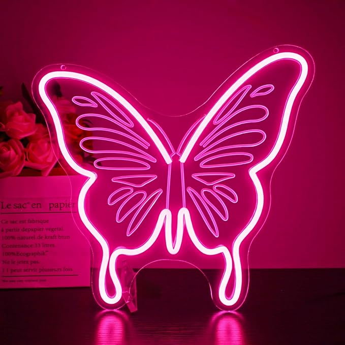 Butterfly Neon Sign - HSJNJKFU LED Neon Signs for Wall Decor Pink Light Sign with Engraved Design, LED Signs for Bedroom, Classroom, School Room Decor, USB Powered
