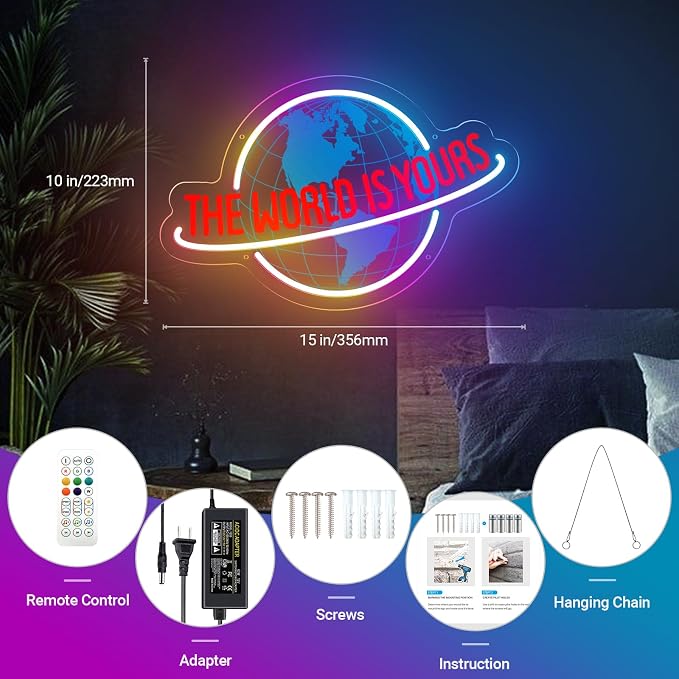 The World Is Yours Neon Sign, 7 RGB Color Planet LED Neon Light Lamp for Wall Decor, Man Cave Home Bar Bistro Club Cafe Wedding Game Room Bedroom Birthday Gift Graduation Party